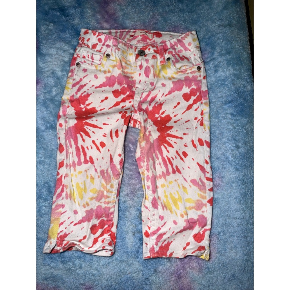 Levis Girls Skimmer Jeans Pink Yellow Tie Dye Adjustable Waist Size 8 Reg